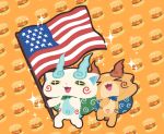  &gt;_&lt; american_flag arm_up brothers chuno closed_eyes flag food furoshiki hamburger koma-san komajirou no_humans open_mouth orange_background siblings sparkle sparkle_eyes youkai youkai_watch 