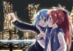  2girls artist_request black blue_eyes blue_hair blush bow camera city city_lights hair_bow hair_ornament long_hair mahou_shoujo_madoka_magica miki_sayaka multiple_girls night ponytail red_eyes redhead sakura_kyouko short_hair smile 