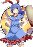  1girl animal_ears blood blood_stain blue_hair dress e.o. hammer highres legacy_of_lunatic_kingdom over_shoulder ponytail rabbit_ears red_eyes seiran_(touhou) short_hair skirt smile solo touhou weapon weapon_over_shoulder 