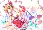 1girl ascot blonde_hair bow dress flandre_scarlet frilled_dress frills garter_straps hat hat_bow mob_cap open_mouth puffy_short_sleeves puffy_sleeves red_dress red_eyes riichu sash short_sleeves side_ponytail sitting smile solo thigh-highs touhou wariza white_legwear wings wrist_cuffs zettai_ryouiki 