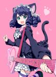  1girl akata_itsuki animal_ears bell black_hair bow cat_ears cat_tail curly_hair cyan_(show_by_rock!!) dress fangs green_eyes guitar highres instrument looking_at_viewer open_mouth pink_bow show_by_rock!! smile solo striped striped_legwear tail thigh-highs 