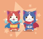  blue_cape cape cat chuno fangs full_body fuyunyan jibanyan multiple_tails no_humans notched_ear open_mouth red_cape scar simple_background star tail two_tails youkai youkai_watch 
