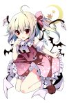  1girl ascot bat blonde_hair bow dress flandre_scarlet hair_bow kino_(kino_konomi) no_hat open_mouth puffy_short_sleeves puffy_sleeves red_dress red_eyes shirt short_sleeves side_ponytail silver_hair solo touhou wings 
