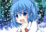  1girl blue_eyes blue_hair blush bow cirno fang hair_bow ice ice_wings masiromu open_mouth solo star touhou wings 