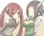  2girls breasts brown_gloves brown_hair circlet cleavage closed_eyes ebi_shamo elbow_gloves feathers female fire_emblem fire_emblem:_kakusei flying_sweatdrops gloves hair_feathers long_hair multiple_girls noire_(fire_emblem) open_mouth red_eyes selena_(fire_emblem) simple_background sketch twintails 