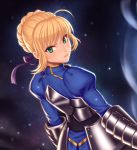  1girl ahoge armor armored_dress blonde_hair dress fate/stay_night fate_(series) green_eyes hair_ribbon highres looking_at_viewer ribbon saber seeker_(shzyu) solo 
