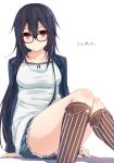  1girl black_hair breasts glasses highres long_hair looking_at_viewer noe_(mabue) original red_eyes sitting solo translation_request 
