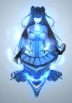  1girl a430dp aqua_eyes black_hair breasts claws double_bun expressionless glowing glowing_eyes kantai_collection large_breasts light_cruiser_oni long_hair looking_at_viewer shinkaisei-kan skirt solo teeth very_long_hair 