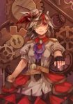  1girl bangle belt black_hair bow bracelet directional_arrow dress gears gloves hat horns jewelry kijin_seija mini_top_hat monocle multicolored_hair necktie red_eyes redhead short_hair shoulder_pads smile solo steampunk streaked_hair top_hat touhou white_hair zhen_panxie 