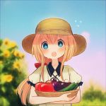  1boy alternate_costume androgynous ayu_(mog) basket blue_eyes blue_sky blurry blush cucumber depth_of_field eggplant flower hat long_hair looking_at_viewer lowres male_focus midare_toushirou open_mouth orange_hair outdoors ponytail sky solo sunflower sweat tomato touken_ranbu 