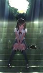  1girl black_hair blue_eyes blush bottle cat highres long_hair murakami_suigun original school_uniform sitting solo stairs 