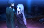  1boy 1girl black_hair blood blue_eyes blue_hair caster fate/stay_night fate_(series) formal gloves kotera_ryou kuzuki_souichirou long_hair looking_at_another pointy_ears short_hair spoilers suit 