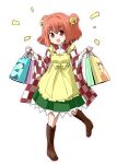  1girl apron bag bell boots checkered_clothing hair_bell hair_ornament japanese_clothes kimono kousei_(public_planet) motoori_kosuzu open_mouth paper_bag red_eyes redhead solo touhou twintails 