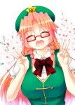  1girl blush bow braid breasts cherry_blossoms china_dress chinese_clothes closed_eyes double_v dress glasses green_dress hat hong_meiling large_breasts long_hair open_mouth puffy_short_sleeves puffy_sleeves red-framed_glasses redhead shirt short_sleeves smile solo star tekehiro touhou twin_braids upper_body v very_long_hair 