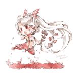  029pom 1girl barefoot bow chibi dated fire flying_kick fujiwara_no_mokou hair_bow hair_ribbon kicking long_hair no_shirt open_mouth pants ponytail red_eyes ribbon sports_bra suspenders touhou tress_ribbon twitter_username very_long_hair white_hair 