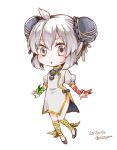  029pom 1girl :o ahoge alternate_costume alternate_hairstyle arm_ribbon bun_cover chibi china_dress chinese_clothes dated double_bun grey_eyes grey_hair leg_ribbon lowres mononobe_no_futo puffy_short_sleeves puffy_sleeves short_sleeves side_slit touhou twitter_username 