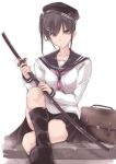  1girl bag black_hair hair_ornament hairclip hat highres holding_weapon katana original red_eyes school_uniform sheath sheathed sitting smile solo sword touma_kisa weapon 