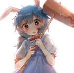  1girl animal_ears blood blood_on_face bloody_clothes blue_dress blue_hair blush bowtie braid dress hammer heart heart-shaped_pupils legacy_of_lunatic_kingdom looking_at_viewer open_mouth puffy_sleeves rabbit_ears red_eyes seiran_(touhou) shinoba short_sleeves simple_background single_braid solo symbol-shaped_pupils touhou 