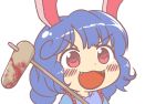  1girl animal_ears blood blood_stain blue_hair dress fangs gyate_gyate ikiyouz mallet open_mouth over_shoulder ponytail rabbit_ears red_eyes seiran_(touhou) short_hair smile solo touhou weapon weapon_over_shoulder 