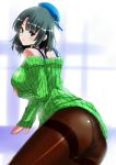 1girl ass bare_shoulders beret black_hair breast_hold brown_eyes hat kantai_collection looking_at_viewer off_shoulder panties panties_under_pantyhose pantyhose perepere-kun ribbed_sweater short_hair solo sweater takao_(kantai_collection) underwear 