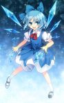  1girl blue_dress blue_eyes blue_hair bow cirno dress hair_bow ice ice_wings irotani_asuka looking_at_viewer open_mouth puffy_short_sleeves puffy_sleeves shirt short_sleeves smile solo touhou wings 