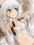  1girl blush bra green_eyes highres mishiro_shinza navel necktie open_clothes open_mouth open_shirt sanya_v_litvyak shirt short_hair solo strike_witches underwear undressing white_hair 