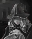  1girl bloodborne eileen_the_crow greyscale hat holding holding_mask lips mask mask_removed monochrome parted_lips plague_doctor qi_guan_liuhe red_eyes short_hair solo spot_color upper_body 