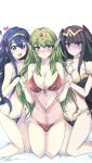  3girls :d bikini black_hair blue_eyes blue_hair blush breast_press breasts chiki cleavage echizen_(hvcv) fire_emblem fire_emblem:_kakusei front-tie_bikini front-tie_top green_eyes green_hair heart highres kneeling large_breasts long_hair looking_at_viewer lucina multicolored_bikini multiple_girls open_mouth pointy_ears ponytail side-tie_bikini smile swimsuit tharja tiara two_side_up violet_eyes white_background 