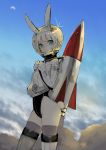  1girl animal_ears blue_eyes helmet highres leotard original rabbit_ears rocket short_hair solo thigh-highs tokiti white_hair 