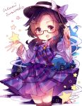  1girl bow brown_eyes brown_hair character_name glasses hat hat_bow hiyoko_no_tataki low_twintails open_mouth plaid plaid_skirt plaid_vest red-framed_glasses school_uniform skirt smile star touhou twintails usami_sumireko wand 