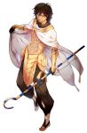  1boy ankh armor brown_hair cape crook_and_flail dark_skin fate/prototype:_fragments_of_blue_and_silver gauntlets heru_(goldprin) highres midriff rider_(fate/prototype_fragments) solo staff yellow_eyes 