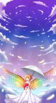  1girl absurdres alternate_wings angel angel_wings blonde_hair blue_sky blush bouquet bow clouds dress feathered_wings feathers flandre_scarlet floating flower hair_ribbon highres kuta_(shi_cai) looking_at_viewer rainbow_order ribbon short_hair side_ponytail sky sleeveless sleeveless_dress smile solo star_(sky) touhou umbrella white_dress wings 