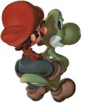  1boy brown_hair facial_hair from_behind hat highres koki_(ryoushikiha) looking_back mario mustache overalls riding shoes short_hair simple_background super_mario_bros. white_background yoshi 