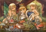  3girls armor armored_dress blonde_hair bread crab crown dress fairy fairy_wings fate/stay_night fate_(series) feast food fruit gauntlets goblet grapes green_eyes highres madcocoon meat multiple_girls pointy_ears red_eyes saber wings 