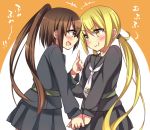  +++ 2girls :3 black_serafuku black_skirt blonde_hair blush brown_eyes brown_hair crescent crescent_moon fumizuki_(kantai_collection) high_ponytail kantai_collection long_hair moon multiple_girls neckerchief pleated_skirt ponytail satsuki_(kantai_collection) school_uniform serafuku sk02 skirt yellow_eyes 