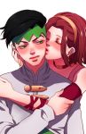  arm_warmers black_hair blush brown_hair cheek_kiss choker closed_eyes earrings green_eyes headband jewelry jojo_no_kimyou_na_bouken kishibe_rohan kiss rin2010 sugimoto_reimi 