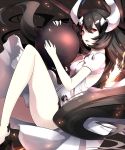  1girl anchorage_water_oni backless_outfit bare_shoulders black_hair dress horns kantai_collection koruta_(nekoimo) long_hair looking_at_viewer machinery overskirt pale_skin parted_lips red_eyes shinkaisei-kan very_long_hair white_dress white_skin 