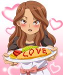  1girl artist_request blush brown_eyes brown_hair dress english food heart inazuma_eleven inazuma_eleven_(series) looking_at_viewer omelette open_mouth raimon_natsumi ribon smile solo source_request standing 