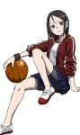  1girl basketball black_hair hair_ornament hairclip jersey kijouyu_udon long_hair looking_at_viewer miniskirt original parted_lips simple_background sitting skirt solo sportswear white_background wristband 