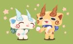  brothers chuno closed_eyes food full_body furoshiki giving green_background ice_cream ice_cream_cone koma-san komajirou licking_lips no_humans siblings simple_background soft_serve standing star tongue tongue_out youkai youkai_watch 