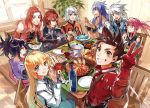  4girls 5boys black_hair blonde_hair blue_eyes blue_hair bottle brown_eyes brown_hair chair collet_brunel croissant food fork fujiazuki genius_sage grin kratos_aurion lloyd_irving multiple_boys multiple_girls oyster pink_hair plate ponytail presea_combatir redhead refill_sage regal_bryan salad sandwich sheena_fujibayashi smile table tales_of_(series) tales_of_symphonia tomato twintails v white_hair zelos_wilder 