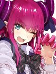  1girl blue_eyes bowtie claws fangs fate/extra fate/extra_ccc fate_(series) frills gothic_lolita hair_ribbon horns lancer_(fate/extra_ccc) lolita_fashion long_hair looking_at_viewer official_art one_eye_closed open_mouth pink_hair pointy_ears ribbon simple_background solo tagme two_side_up upper_body wada_aruko white_background 