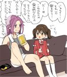  2girls alcohol bare_shoulders barefoot beer brown_hair commentary_request couch ishihara_saika jun&#039;you_(kantai_collection) kantai_collection kneehighs long_hair long_sleeves multiple_girls purple_hair ryuujou_(kantai_collection) short_hair simple_background sitting translation_request twintails white_background white_legwear younger 