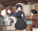  3girls apron black_hair blue_eyes brown_eyes brown_hair cooking eating food georgette_lemare gloves hand_in_pocket holding kaneko_(novram58) kanno_naoe kitchen ladle leather_jacket long_hair multiple_girls open_mouth pot saucer shimohara_sadako short_hair smile steam strike_witches twintails uniform 