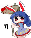  !! 1girl animal_ears blood blood_stain blue_hair byourou chibi crescent dress mallet ponytail rabbit_ears red_eyes seiran_(touhou) short_hair skirt smile solo star touhou weapon 