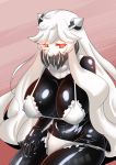  1girl ayuayu_(shouyu_no_sato) blush bodysuit breasts glowing glowing_eyes horns kantai_collection large_breasts latex long_hair looking_at_viewer midway_hime red_eyes shinkaisei-kan solo swimsuit white_hair 