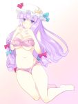  1girl bikini breast_squeeze breasts cleavage crescent hair_ribbon large_breasts long_hair maki_(seventh_heaven_maxion) mob_cap patchouli_knowledge pink_bikini purple_hair ribbon solo swimsuit touhou tress_ribbon under_boob very_long_hair violet_eyes 