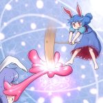  2girls :x animal_ears blue_dress blue_hair commentary_request dress legacy_of_lunatic_kingdom mallet multiple_girls ponytail puffy_short_sleeves puffy_sleeves purple_hair rabbit_ears red_eyes reisen_udongein_inaba seiran_(touhou) shirosato short_sleeves sweat touhou 