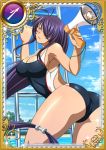  1girl antenna_hair breasts card_(medium) cleavage competition_swimsuit hair_over_one_eye ikkitousen kan&#039;u_unchou long_hair low-tied_long_hair megaphone official_art one-piece_swimsuit purple_hair swimsuit 