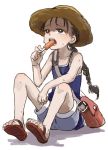  1girl bag braid flat_chest hat kijouyu_udon long_hair open_mouth original popsicle sandals sitting solo straw_hat sweat 